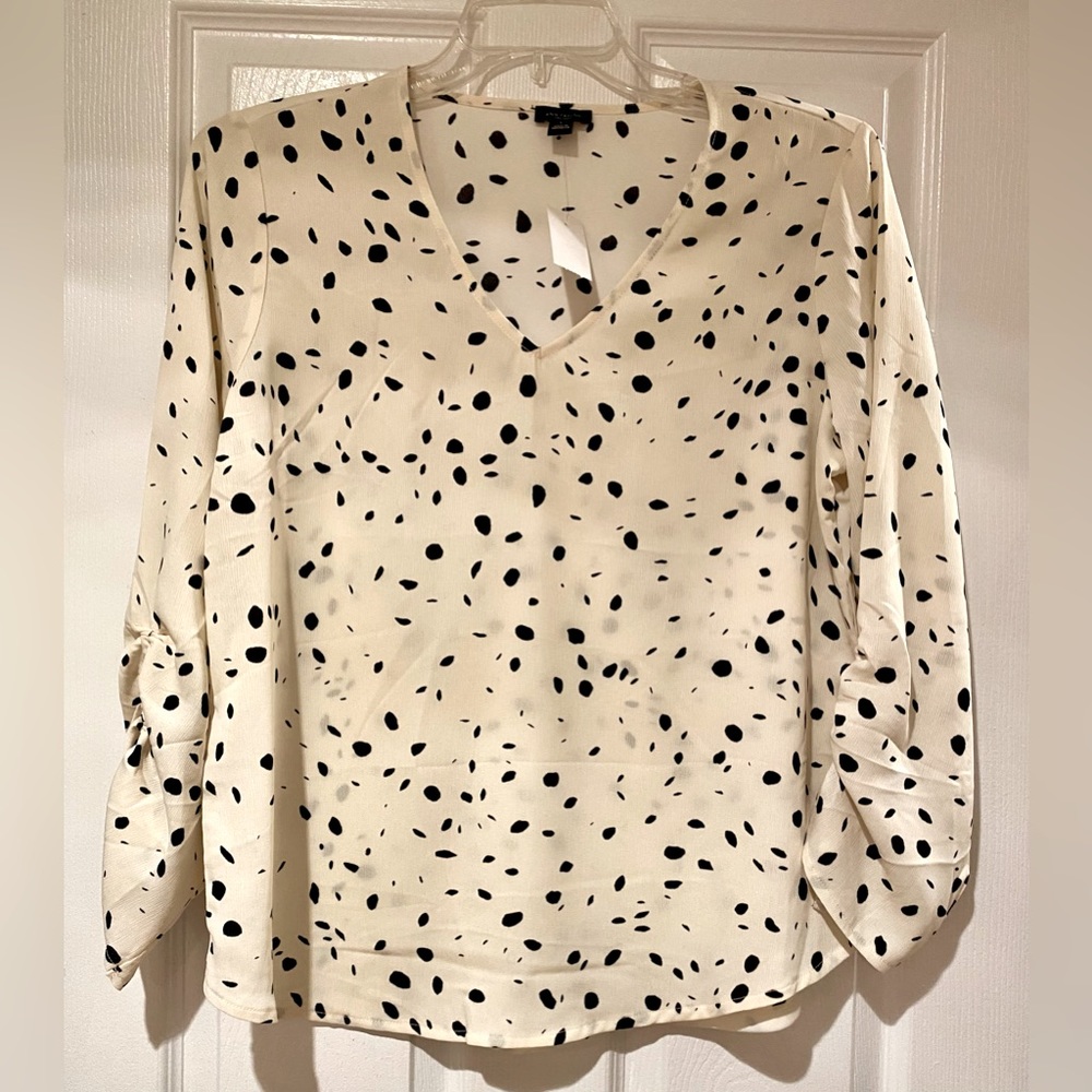 Ann Taylor fact, BNWT V-nck, sheared sleeve, size L, off wh w/bl blouse- Gorg.